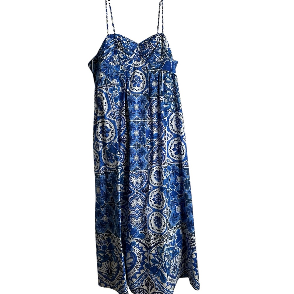 Farm Rio Women’s XL Tile Dream Sleeveless Maxi Dress Blue White Tropical 4164 - Picture 2 of 12
